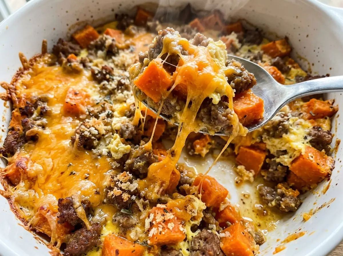 Sweet potato and sausage casserole golden, cheesy