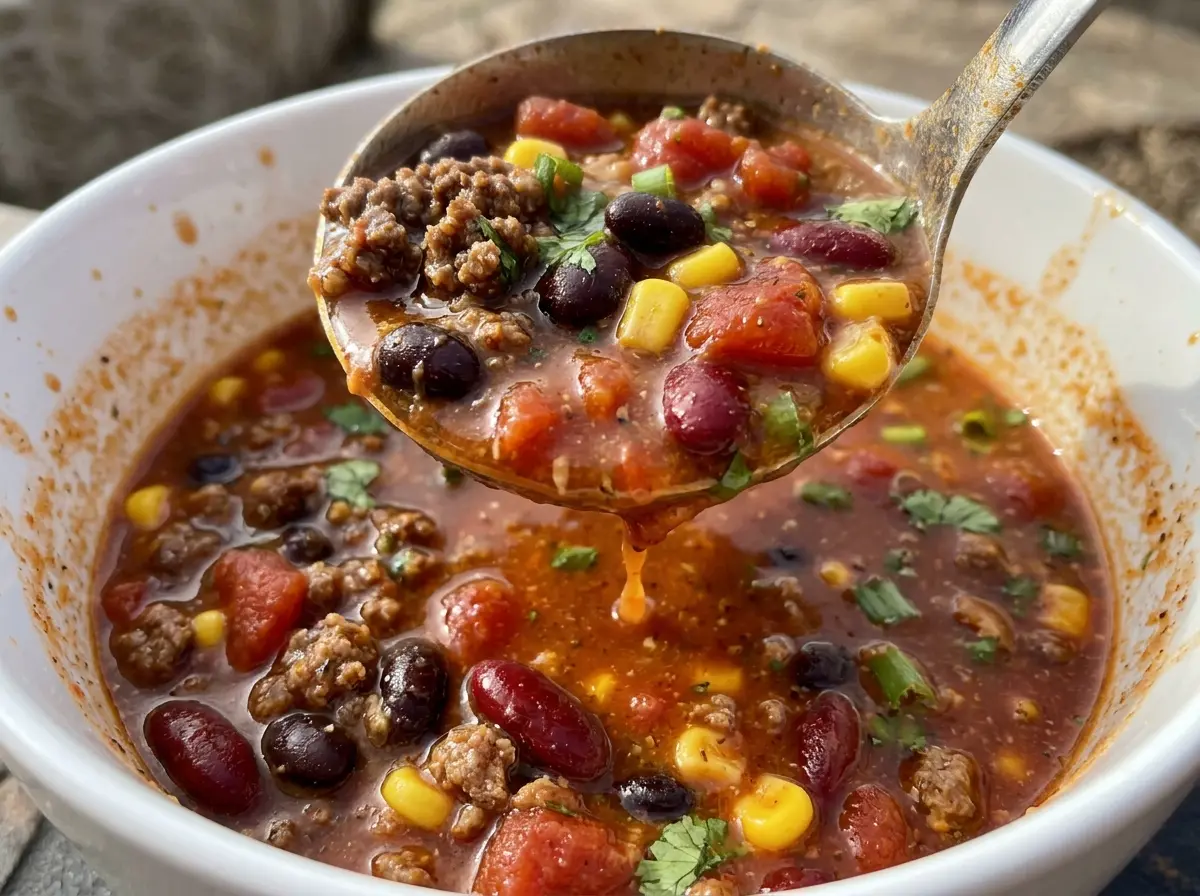 Taco soup with ranch packet, hearty beefy bowls