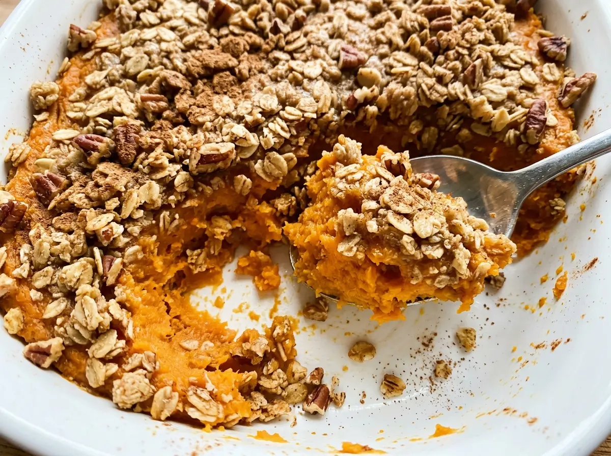 Vegan Sweet Potato Casserole with golden pecan crumble