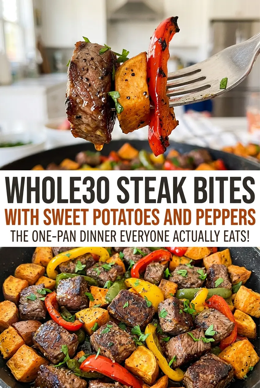 Whole30 Steak Bites with Sweet Potatoes and Peppers tender browned bites