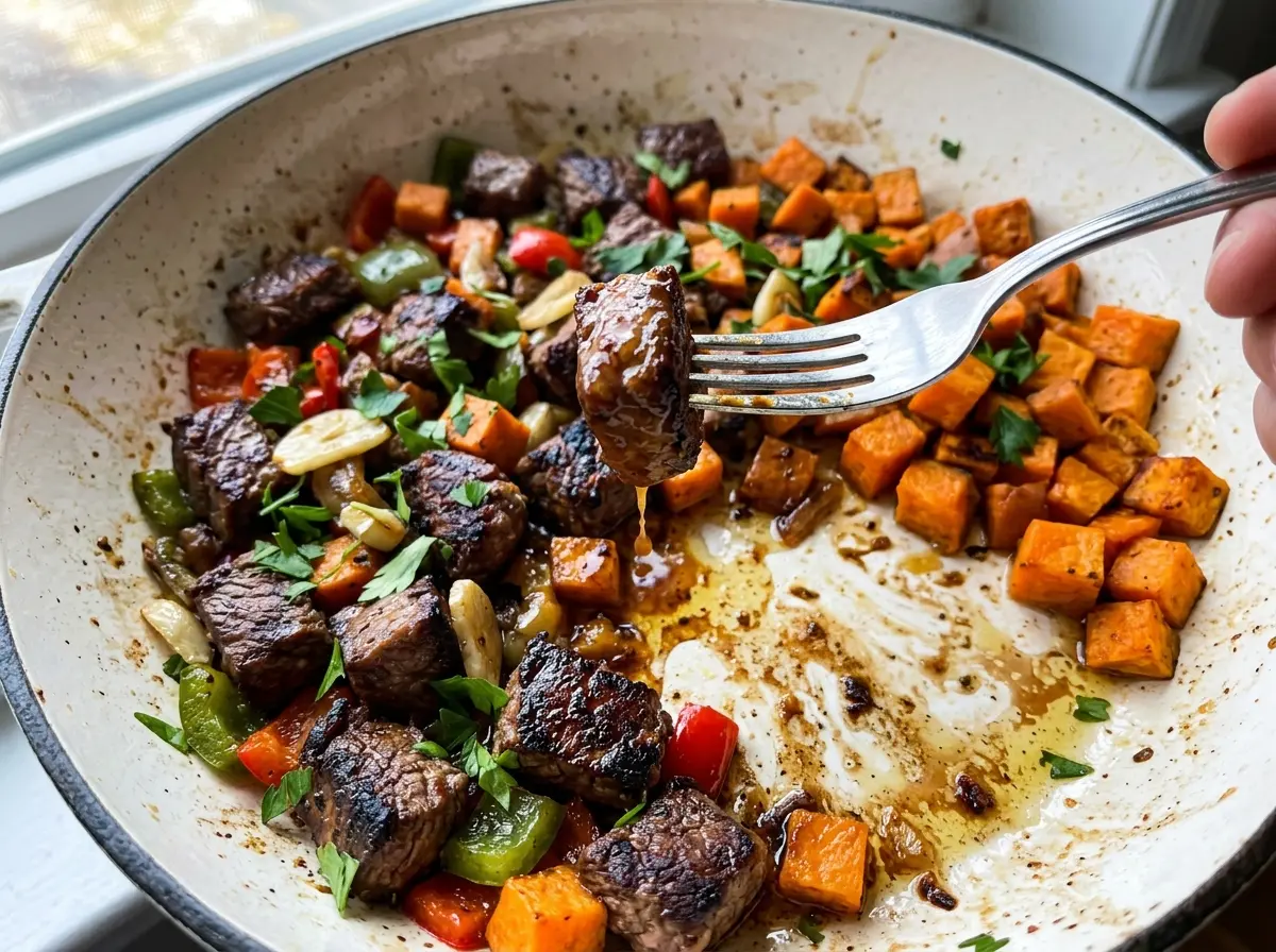 Whole30 Steak Bites with Sweet Potatoes and Peppers colorful skillet dinner